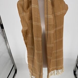 100% Cashmere Plaid Scarf Made in England Tan Fringe Accent BOHO minimalist